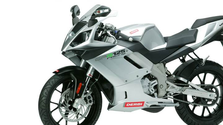 Derbi GPR 125 Racing In Silver Side Pose And White Backgound
